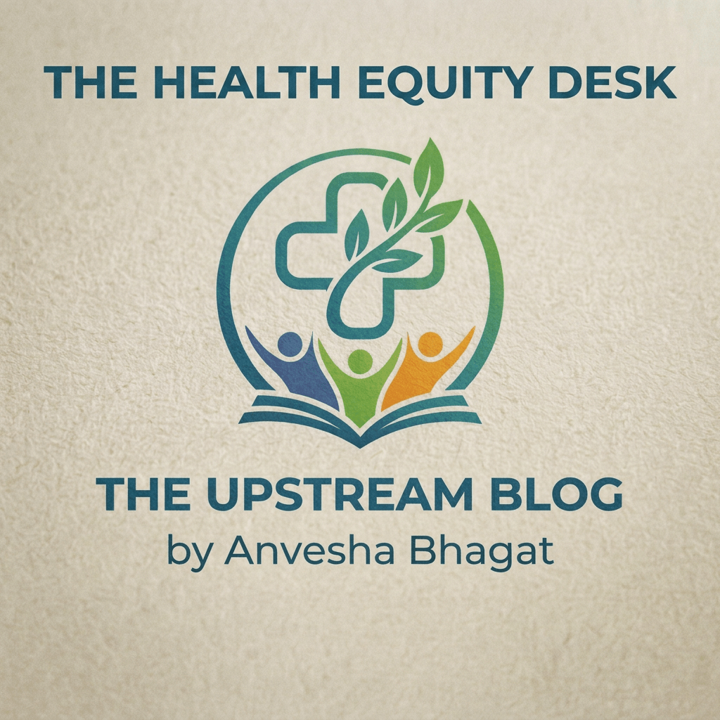 Logo with a medical cross intertwined with a leafy branch, three colorful human figures, and text 'THE HEALTH EQUITY DESK' and slogan