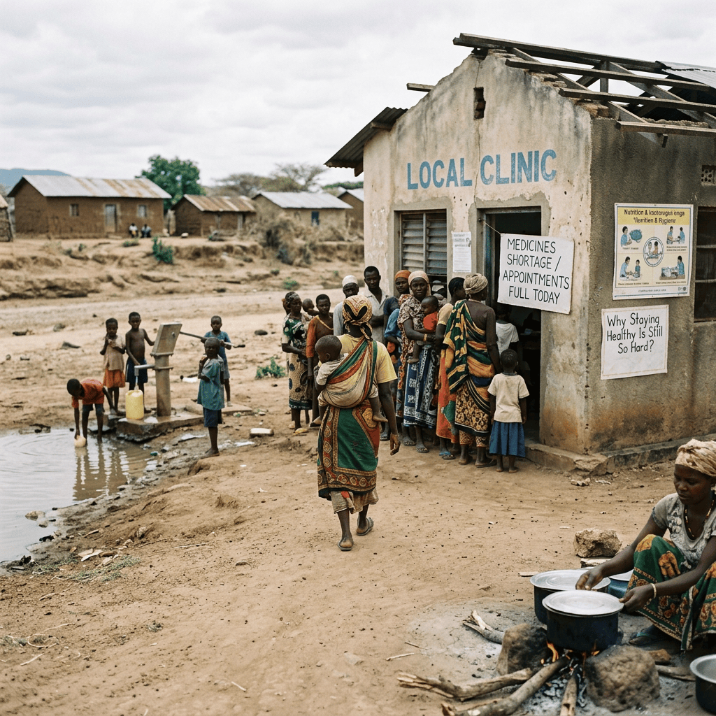 Rural clinic marked LOCAL CLINIC with signs reading MEDICINES SHORTAGE, APPOINTMENTS, FULL TODAY